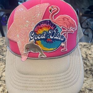Pink and Tan Cap with Flamingo and Dolphin Patches